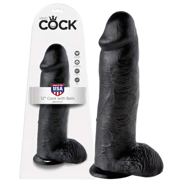 King Cock 12 - Stor Dildo med Testikler (30 cm) - Svart