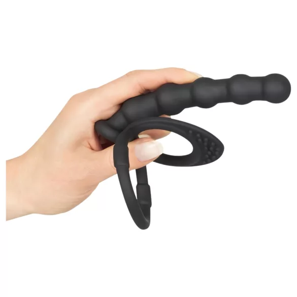 Svart Velvet - kombi herre- og penisring med analdildo (svart)