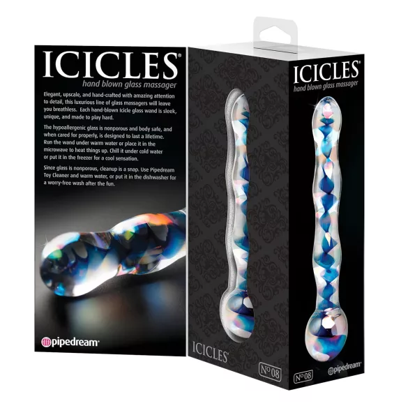 Icicles No. 08 - bølget, tosidig, glass dildo (klar-blå)