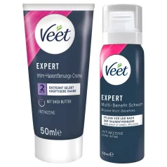   Veet - intim hårfjerningskrem og fuktighetsgivende skum for kvinner (2×50 ml)
