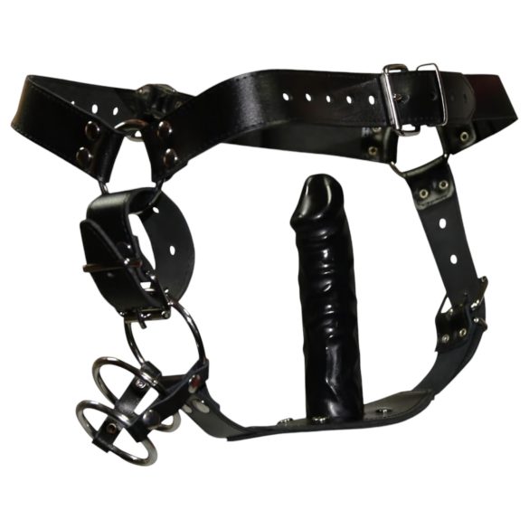 ZADO - Lær-tanga med dildo og 3 penisringer