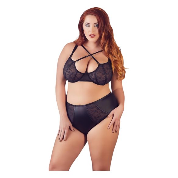 Cottelli Plus Size - Kryss-stroppet BH og truse (svart)