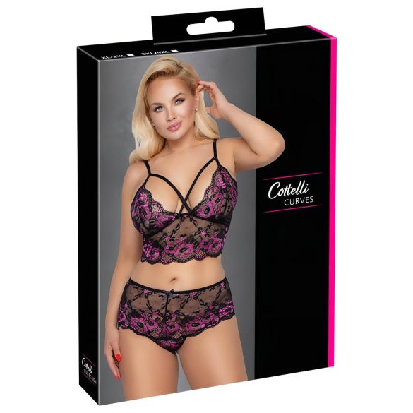 Cottelli Plus Size - blomstrete BH-sett (svart-lilla)