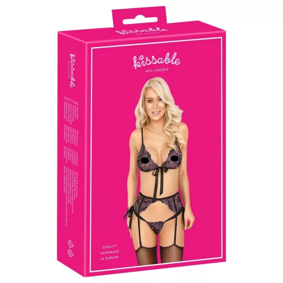 Kissbar - rosa/lilla brodert BH-sett (svart)