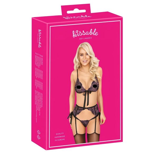Kissbar - rosa/lilla brodert BH-sett (svart) - L/XL