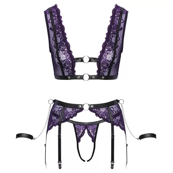 Cottelli Bondage - undertøysett og håndjern (svart-lilla) - XL