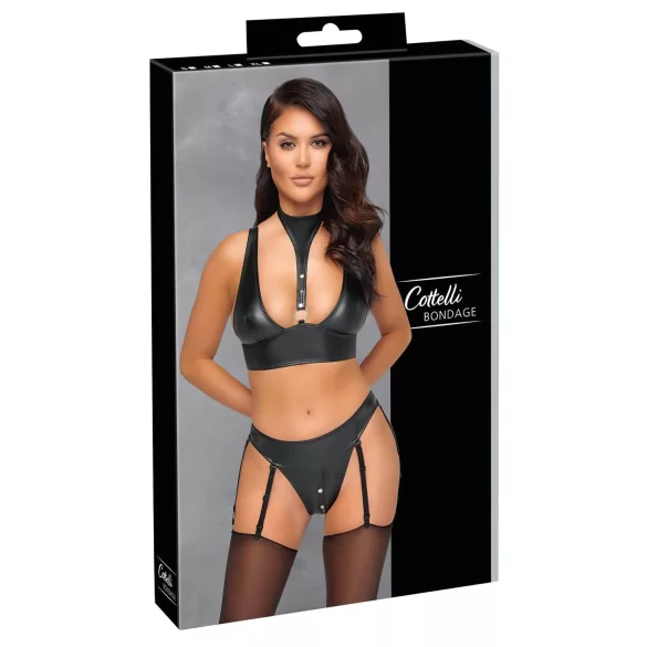 Cottelli Bondage - Glanset bh-sett med håndjern (svart) - M