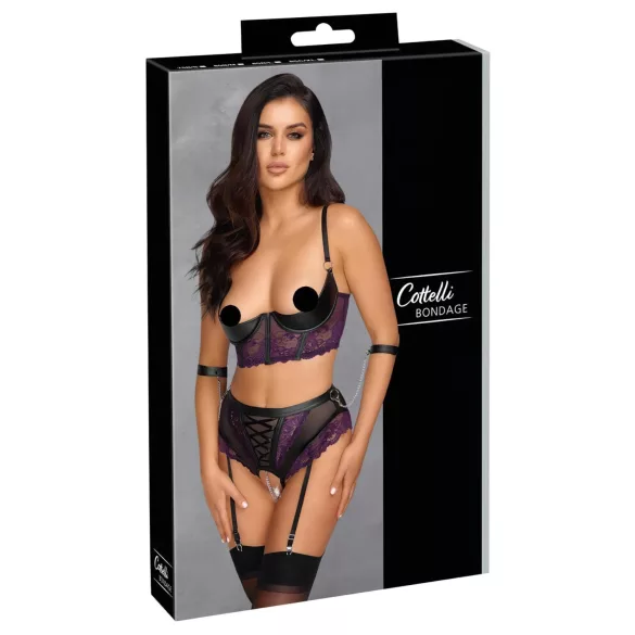 Cottelli Bondage - BH-sett og håndjern (svart-lilla) - M