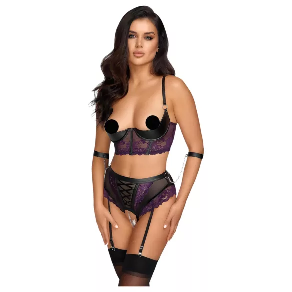 Cottelli Bondage - BH-sett og håndjern (svart-lilla) - L