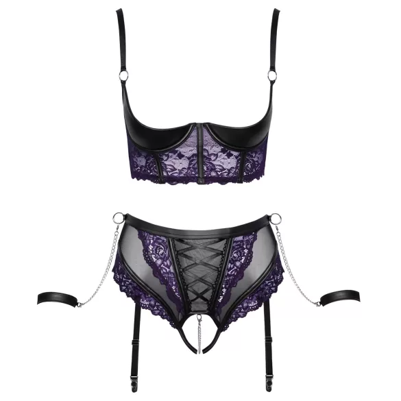Cottelli Bondage - BH-sett og håndjern (svart-lilla) - L