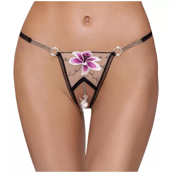 Cottelli - Luksuriøs brodert lilje tanga (svart-hvit) - M/L