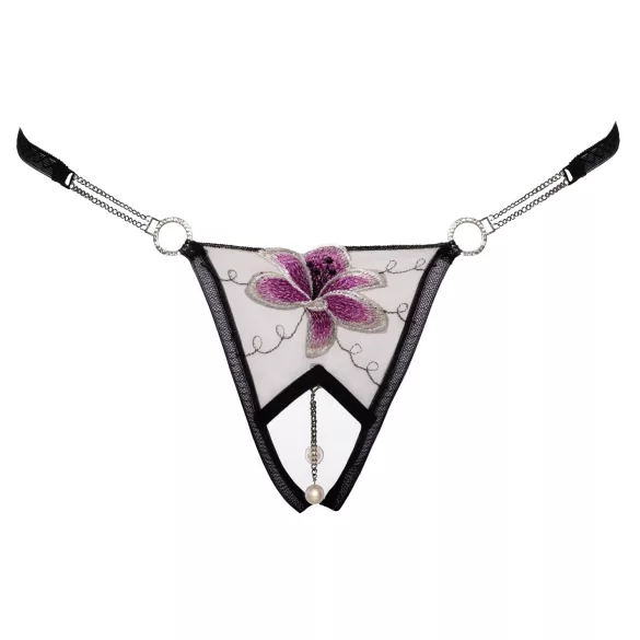 Cottelli - Luksuriøs brodert lilje tanga (svart-hvit) - M/L