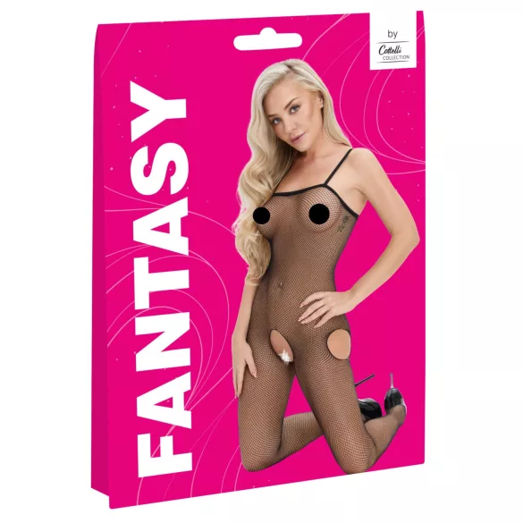Cottelli Fantasy - netting catsuit med åpning over hoftene og åpen skritt (svart) - S-L
