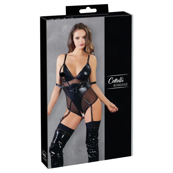 Cottelli Bondage - glansende body med håndjern (svart) - XL