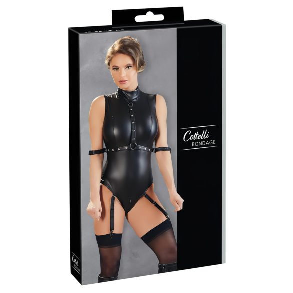 Cottelli Bondage - Glansbody med håndmansjetter (svart) - M