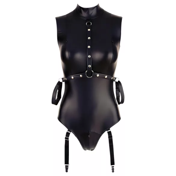 Cottelli Bondage - Glansbody med håndmansjetter (svart) - L