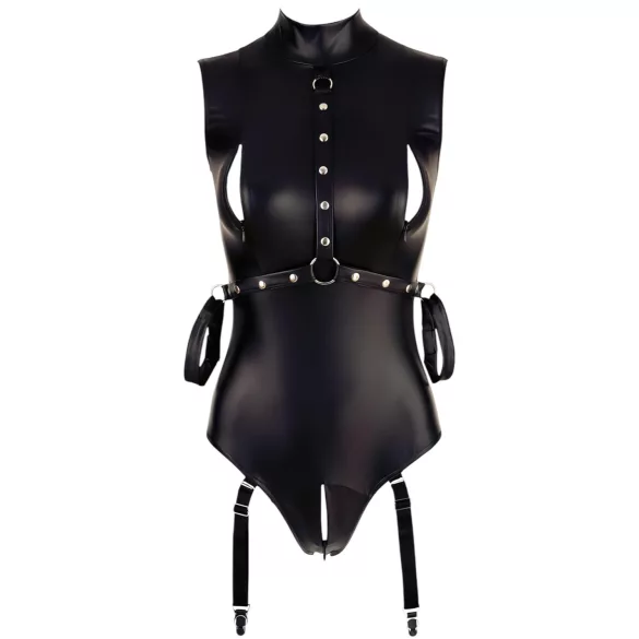 Cottelli Bondage - Glansbody med håndmansjetter (svart) - L