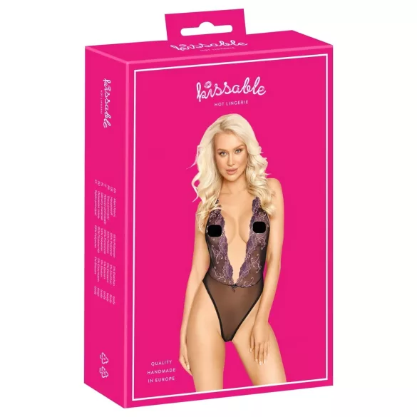 Kissbar - rosa brodert body (svart) - L/XL