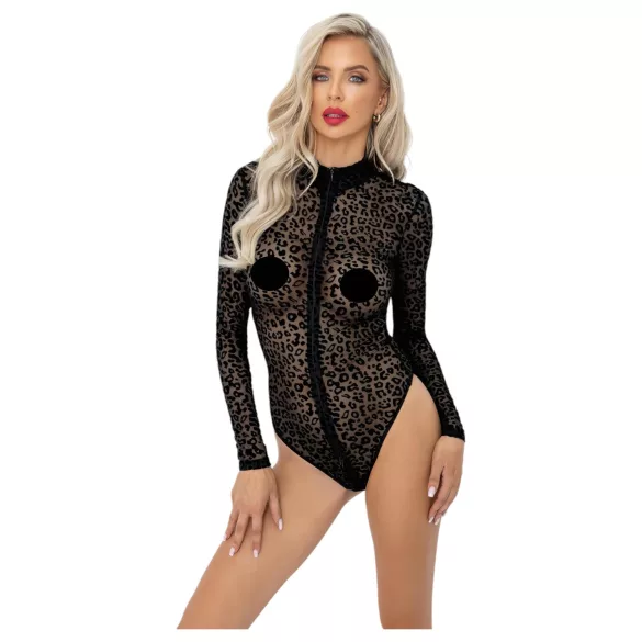 Noir - leopardmønstret, langermet body (svart) - M