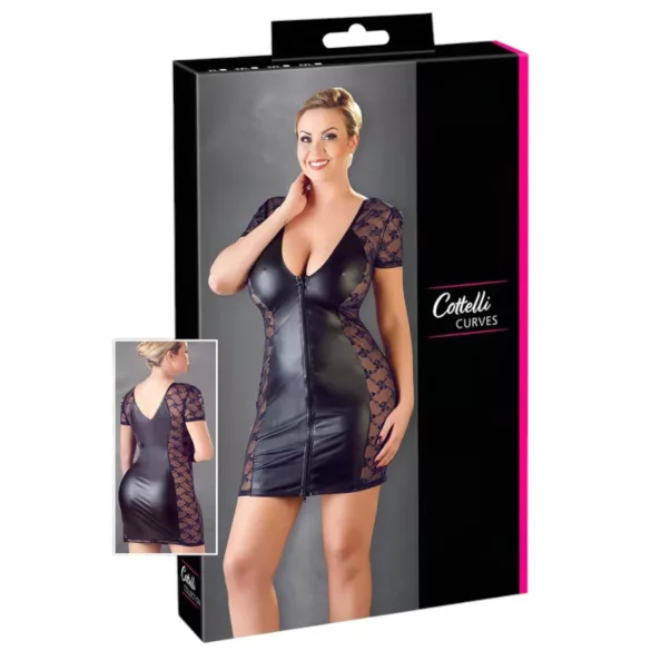 Cottelli Plus Size - Sort kjole med sløyfe og blonde detaljer