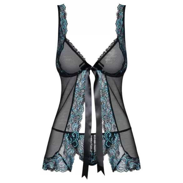 Obsessive Amanta - brodert babydoll og stringtruse (svart-turkis)