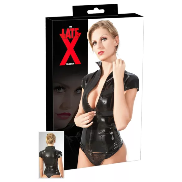 Latex kortermet, figursydd dameoverdel med glidelås (svart)