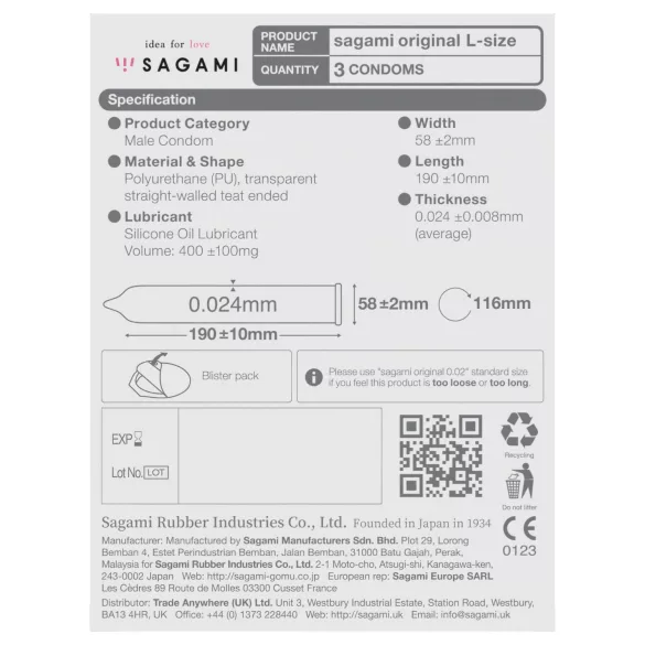 Sagami Original 0,02 L - kondom - 58mm (3 stk)