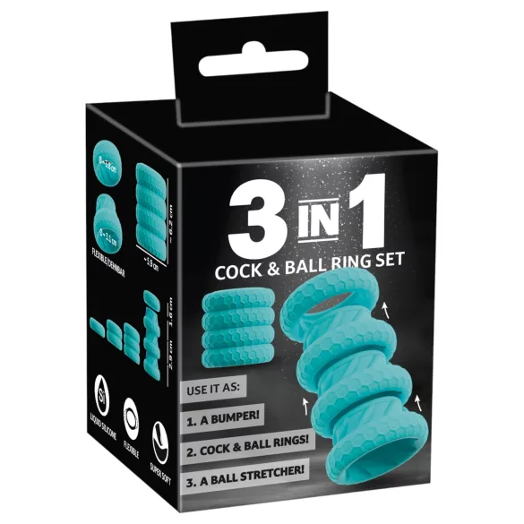 You2Toys - 3-i-1 penis- og pungringssett (turkis)