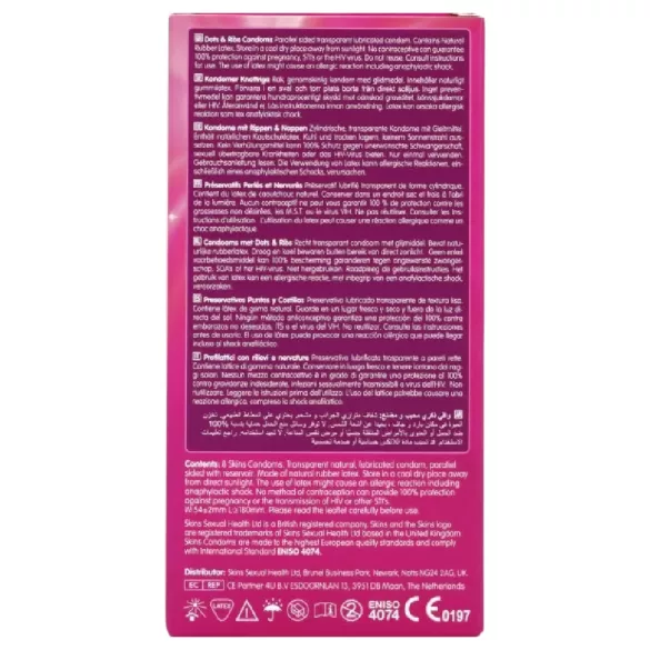 Skins - ribbet og prikket kondomer (8 stk)