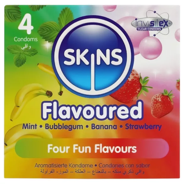 Skins - smaksatt kondom - mint, tyggegummi, banan, jordbær (4 stk)