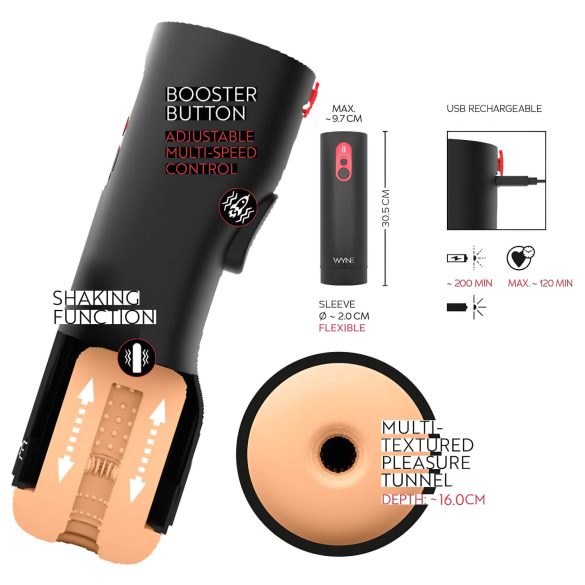 WYNE 08 - Oppladbar masturbering med opp-ned bevegelse (svart)