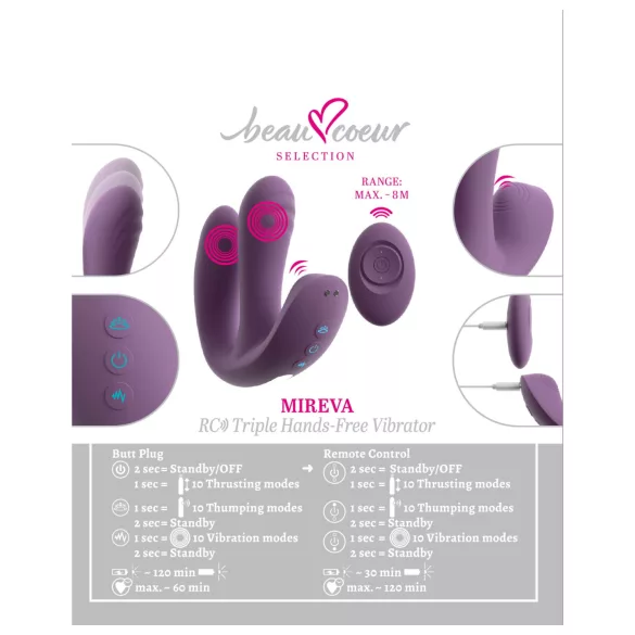 Beau Coeur Mireva - trippelarmer, fjernstyrt vibrator (lilla)