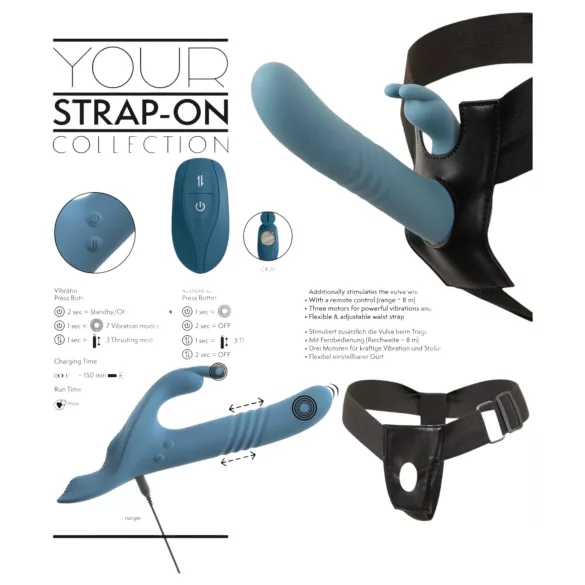 You2Toys - 3‑delt påsettbar kaninvibrator med støtefunksjon og fjernkontroll (blå)