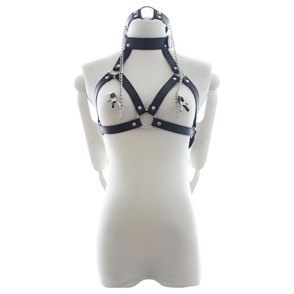 Latetobed - brystsele med munnbit og brystklemmer (svart)