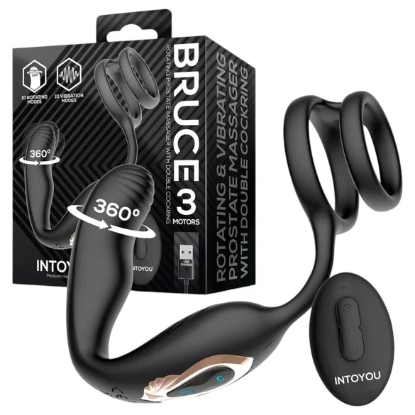 IntoYou Bruce - roterende prostatavibrator med radiofjernkontroll og dobbelt ring (svart)