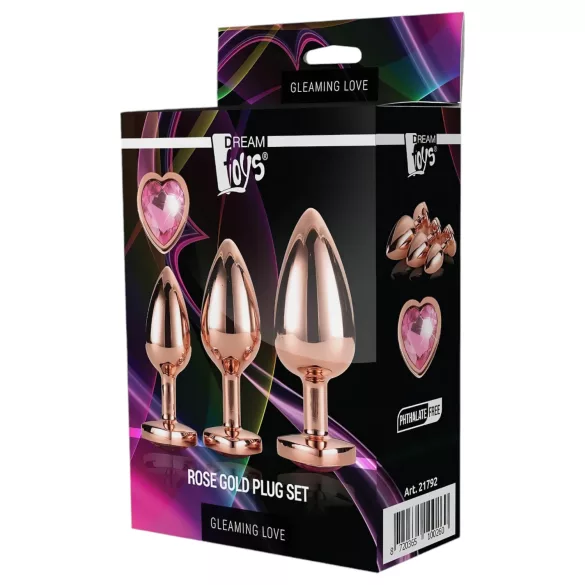 Gleaming Love - hjertelig analplugsett - rosegull (3 deler)